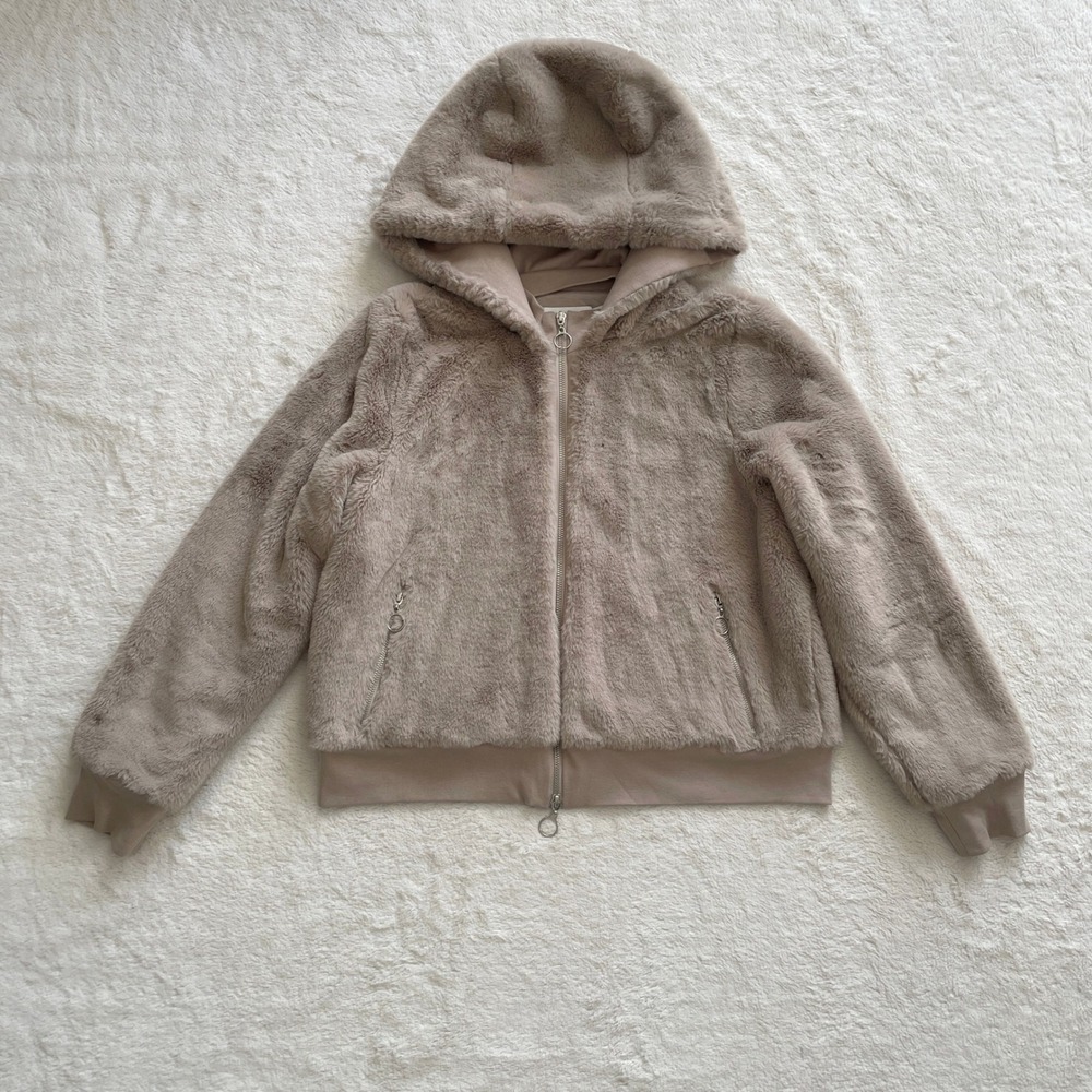 Jonathan Simkhai Standard Ryleigh Faux Fur Bomber Jacket Beige Taupe Hooded M